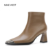 玖熙英伦风方头粗跟马丁靴高跟真皮短靴女鞋 West 清仓款 Nine