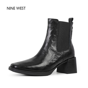 West Nine 玖熙美拉德粗跟厚底切尔西靴高跟真皮短靴 清仓款