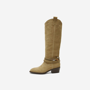 靴珠串抽条复古长筒靴女粗跟增高时尚 Nine 时装 玖熙冬季 百搭 West