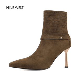 清仓款 真皮短靴女鞋 Nine 玖熙尖头细跟通勤气质高跟鞋 冬 West