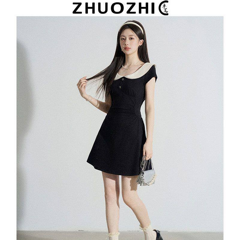小黑盒新品法式赫本风娃娃领黑色连衣裙女夏非高级感独特掐健漂亮