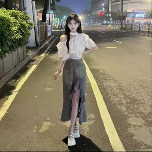 超火穿搭配一整套巨好看 夏日绝美女装 不窥则牛仔半身裙子两件套