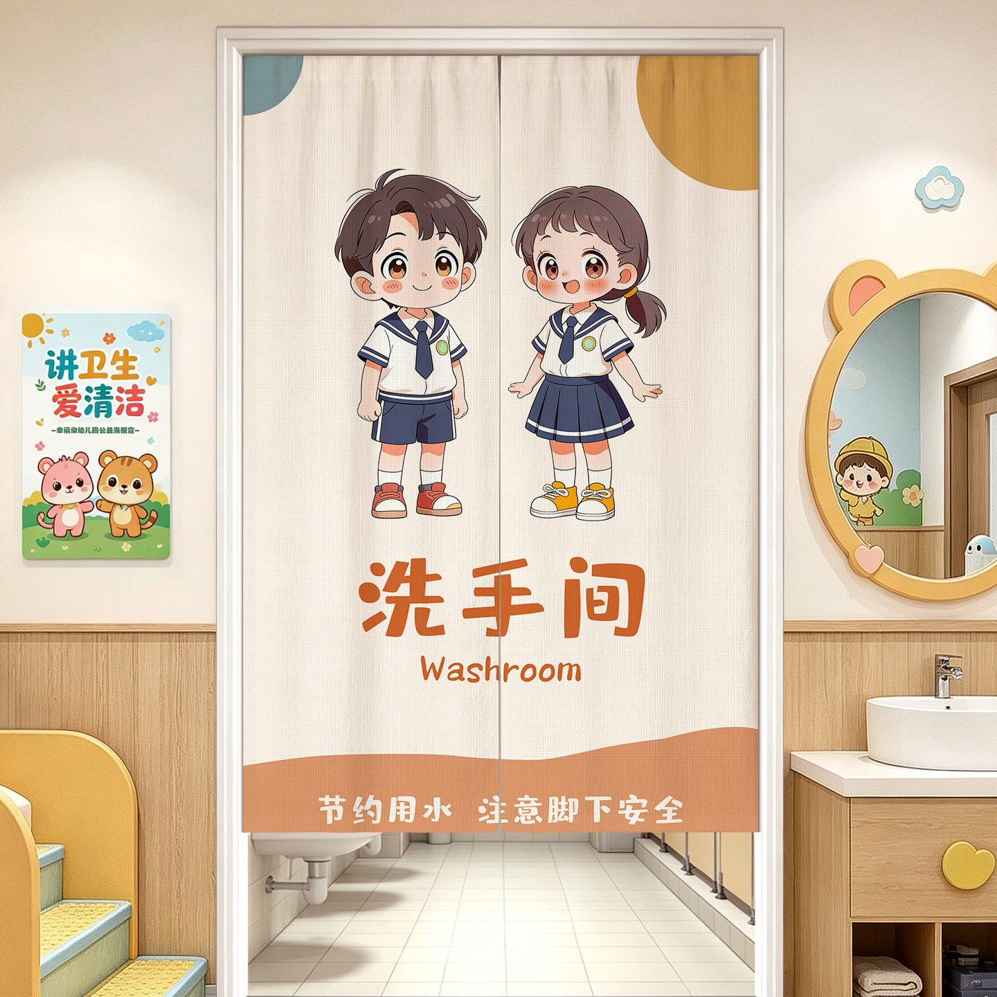 幼儿园卫生间卡通门帘学校洗手间隐私遮挡半帘男女定制厕所半挂帘