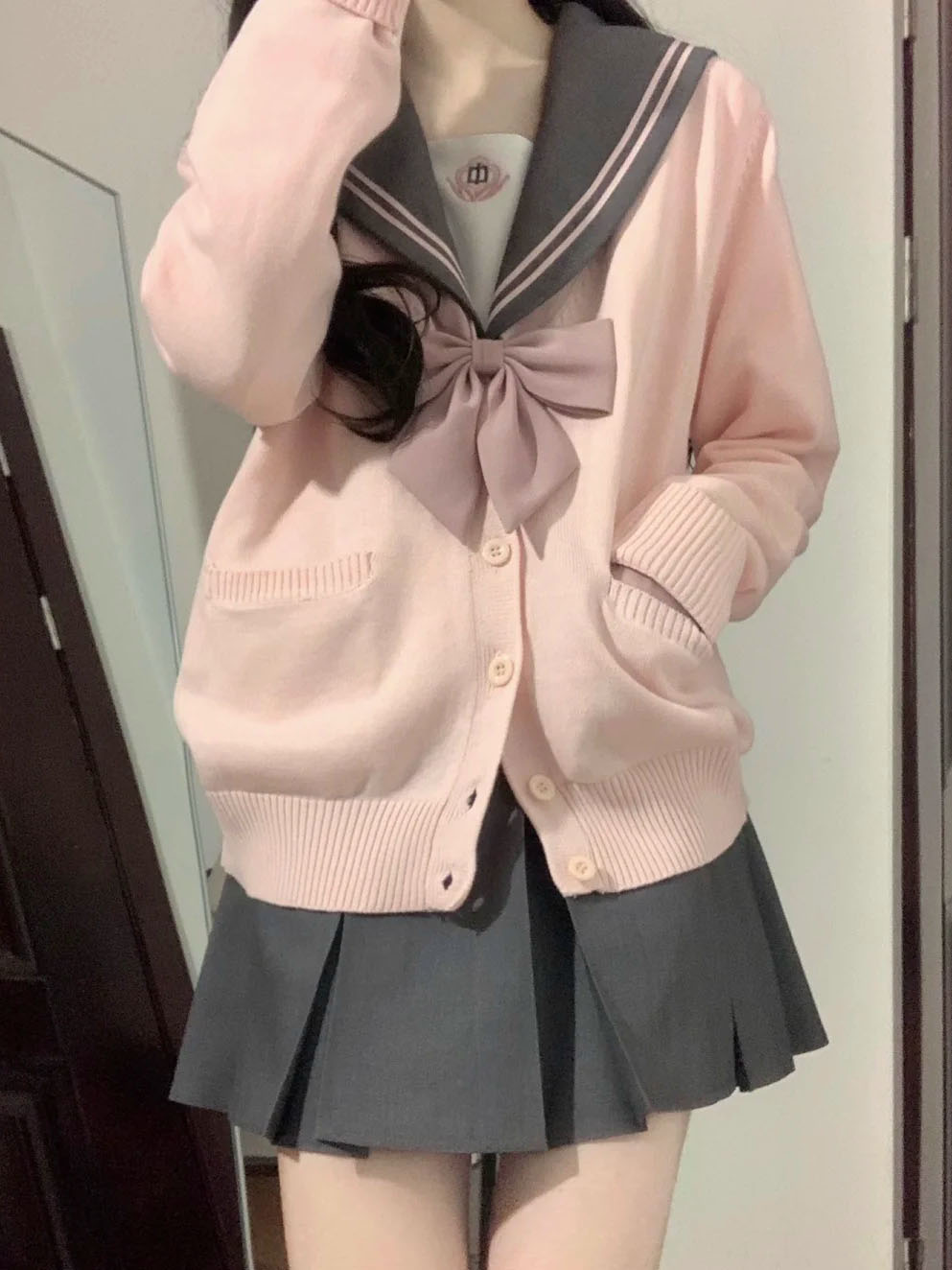 粉色水手服正版日系校供感jk制服套装针织开衫学院风毛衣套装