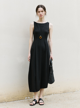 NON RESTRAIN莱赛尔天丝黑色扭结无袖连衣裙女高级感收腰花苞长裙