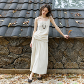 NON RESTRAIN亚麻条纹压褶扭结吊带背心上衣女绑带抽褶半身裙套装