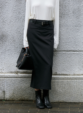 NON RESTRAIN黑色高腰百搭直筒半身裙女简约气质垂感显瘦开叉长裙