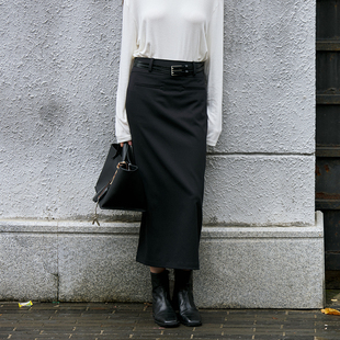 NON RESTRAIN黑色高腰百搭直筒半身裙女简约气质垂感显瘦开叉长裙