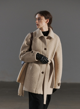 NON RESTRAIN中长款圈圈羊毛混纺呢大衣女绑带翻领落肩袖毛呢外套