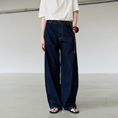 女宽松显瘦休闲弯刀裤 NON RESTRAIN复古阔腿高腰水洗深蓝色牛仔裤