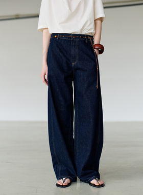 NON RESTRAIN复古阔腿高腰水洗深蓝色牛仔裤女宽松显瘦休闲弯刀裤