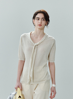 NON RESTRAIN莱赛尔天丝绑带针织衫女高级感修身微透亚麻短袖上衣