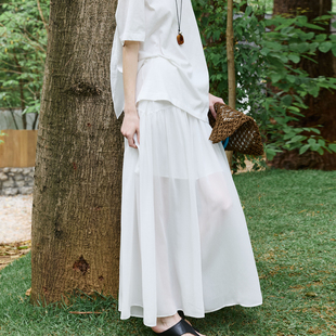 NON RESTRAIN白色薄纱微透抽褶肌理气质半身裙女高腰显瘦垂感长裙