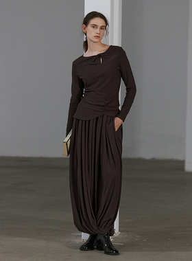 NON RESTRAIN艺术感扭结收腰长袖针织衫女复古褶皱花苞半身裙套装