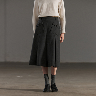 NON RESTRAIN设计感口袋A字半身裙女高腰显瘦羊毛混纺毛呢百褶裙
