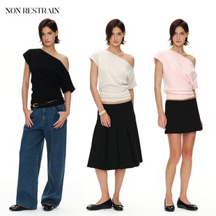 显瘦气质不对称斜肩上衣 T恤女修身 NON RESTRAIN设计感一字肩短袖