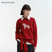 NON RESTRAIN小马提花本命年红色圆领毛衣女简约松弛感羊毛针织衫