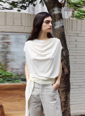 NON RESTRAIN法式莱赛尔天丝绑带宽肩短袖T恤女褶皱荡领针织上衣