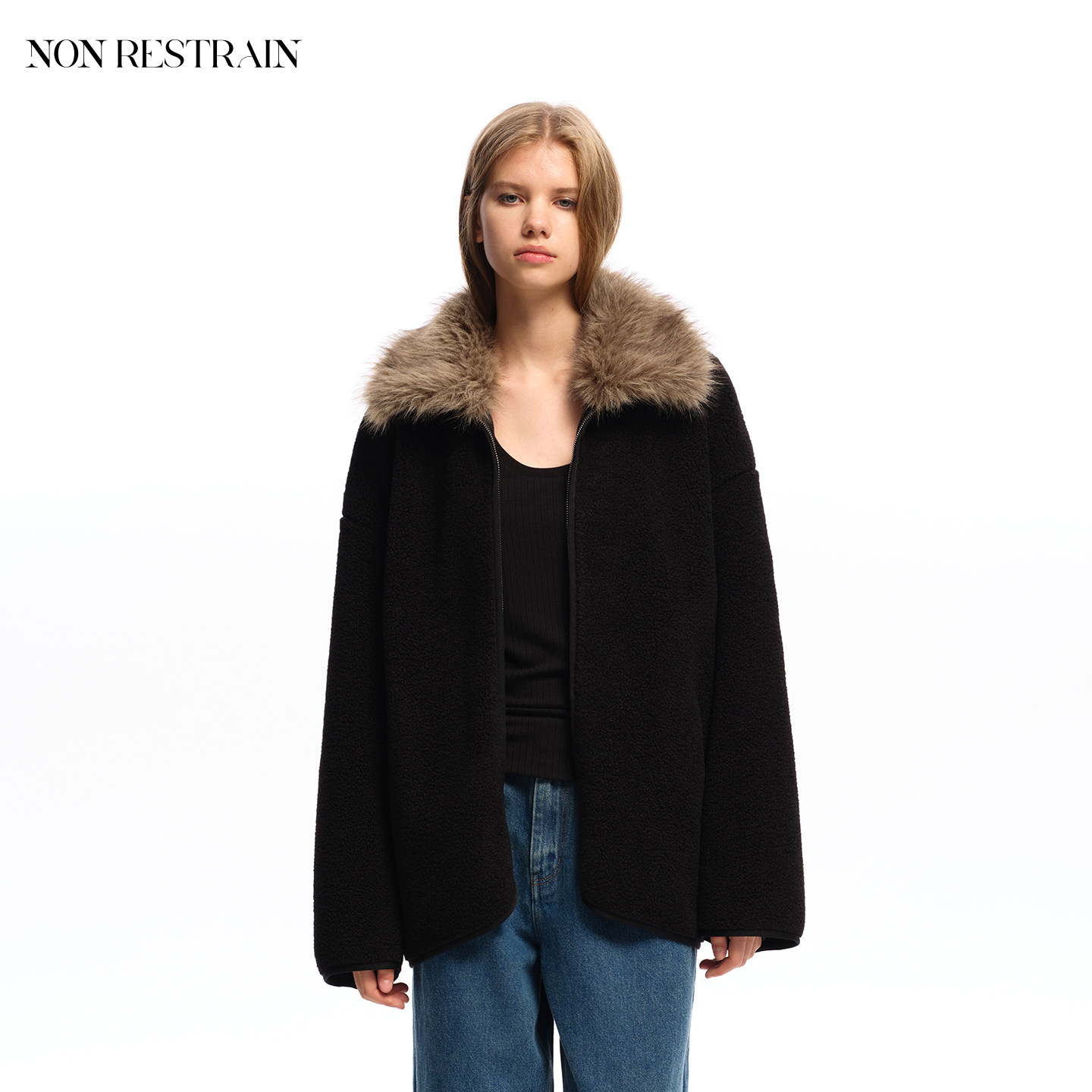 NONRESTRAIN黑色复古毛领外套女
