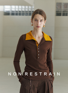 NON RESTRAIN设计感撞色POLO领上衣女修身显瘦针织长袖T恤打底衫