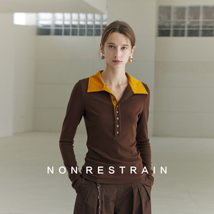 T恤打底衫 显瘦针织长袖 RESTRAIN设计感撞色POLO领上衣女修身 NON