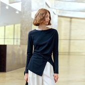 NON 针织衫 RESTRAIN法式 一字领T恤上衣女设计感压褶开叉收腰长袖