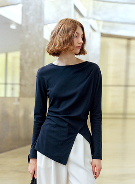 NON RESTRAIN法式一字领T恤上衣女设计感压褶开叉收腰长袖针织衫