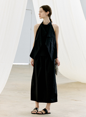 NON RESTRAIN法式挖肩挂脖背心上衣女高腰开叉抽绳显瘦半身裙套装