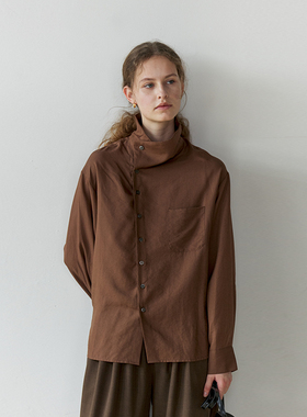 NON RESTRAIN设计感斜扣高领衬衣女秋高级感通勤修身翻领长袖衬衫