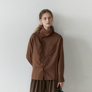 衬衫 翻领长袖 RESTRAIN设计感斜扣高领衬衣女秋高级感通勤修身 NON