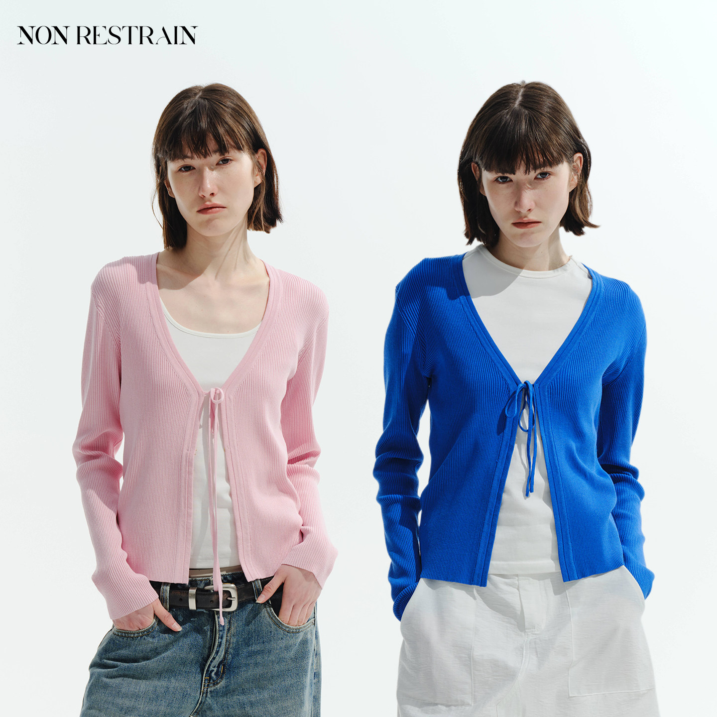 NON RESTRAIN法式浪漫坑条V领针织开衫女修身显瘦气质系带短外套