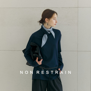 NON T恤女慵懒宽松气质内搭上衣 RESTRAIN撞色绑结堆堆领落肩长袖