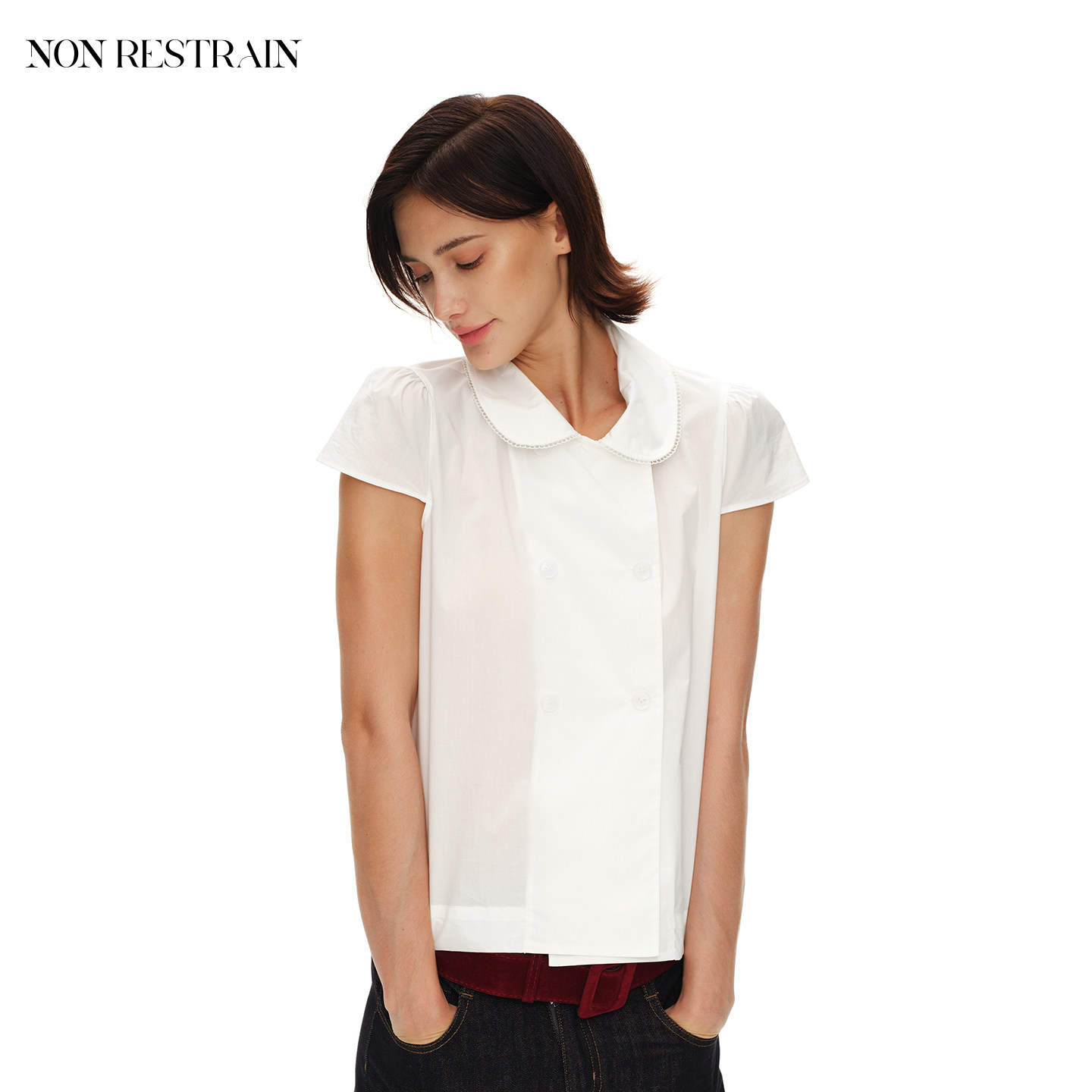 NON RESTRAIN甜美减龄花边娃娃领短袖衬衫女双排扣泡泡袖白色衬衣