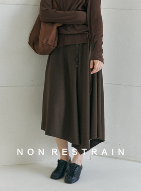 NON RESTRAIN桑蚕丝不规则A字半身裙女斜门襟显瘦羊毛气质长裙子