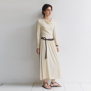 连衣裙女高级感褶皱显瘦长裙子 荡领收腰针织长袖 NON RESTRAIN法式