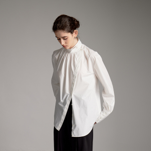 NON RESTRAIN白色棉质长袖衬衫女不规则斜门襟衬衣设计感上衣