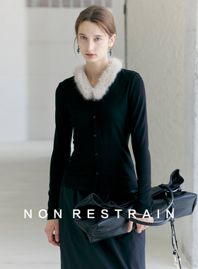 NON RESTRAIN法式撞色毛领内搭长袖T恤女修身收腰显瘦V领开衫上衣