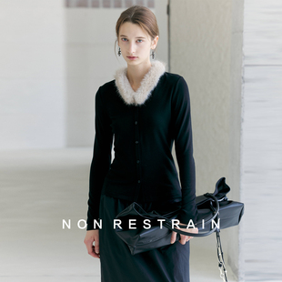 收腰显瘦V领开衫 NON T恤女修身 撞色毛领内搭长袖 上衣 RESTRAIN法式