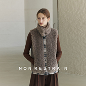NON RESTRAIN格纹拼接无袖 皮草外套女牛角扣立领仿羊羔毛背心马甲