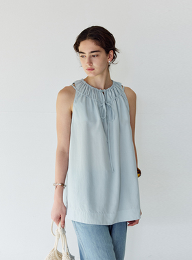 NON RESTRAIN莱赛尔天丝露肩背心衬衣女宽松系带抽褶无袖衬衫上衣