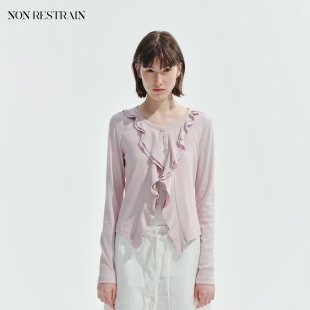 RESTRAIN法式 针织开衫 荷叶边莫代尔长袖 短款 T恤女设计感修身 NON