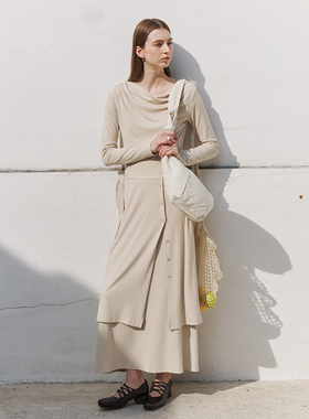 NON RESTRAIN设计感荡领长袖针织衫女解构搭片显瘦飘带半身裙套装