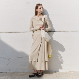 女解构搭片显瘦飘带半身裙套装 针织衫 RESTRAIN设计感荡领长袖 NON