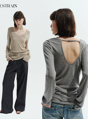 NON RESTRAIN莱赛尔天丝可调节露背上衣女显瘦羊毛针织V领长袖T恤