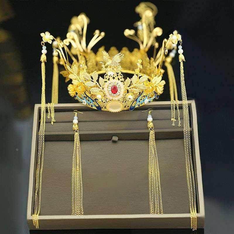 新娘古装头饰2020新款中式流苏凤冠霞帔步摇秀禾服敬酒服结婚配饰