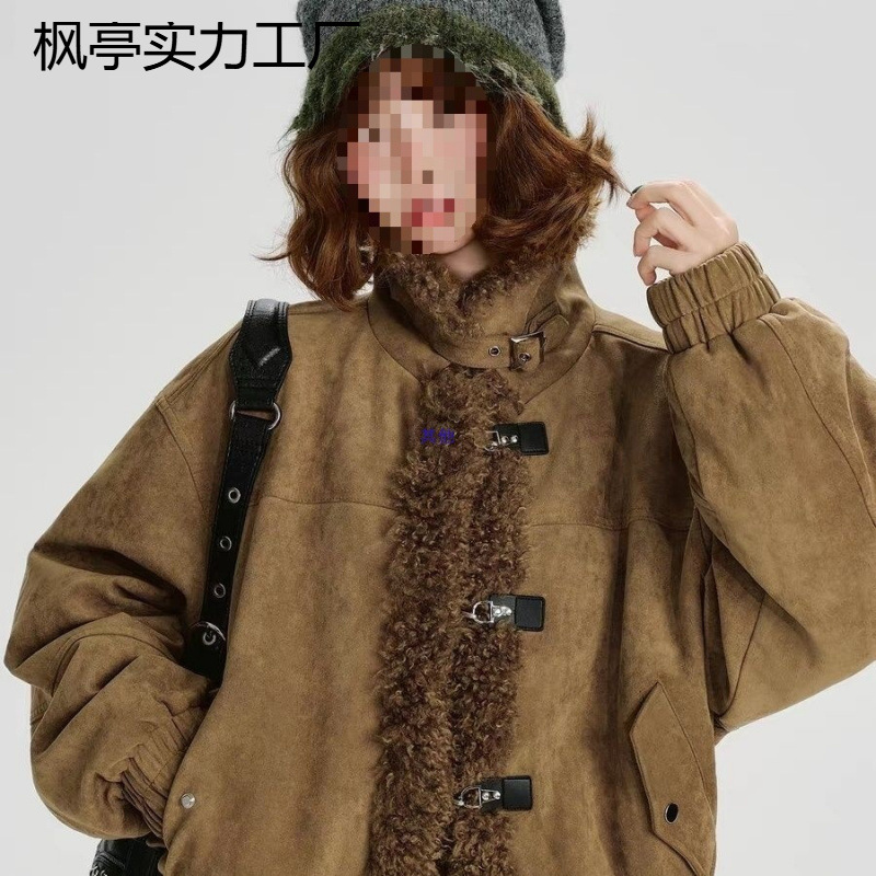 美式复古麂皮绒羊羔毛拼接棉衣外套女2025冬季新款加厚棉服冬季