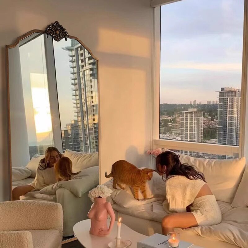 法式复古穿衣镜实木雕花落地全身镜壁挂欧式家用试衣镜壁炉装饰镜