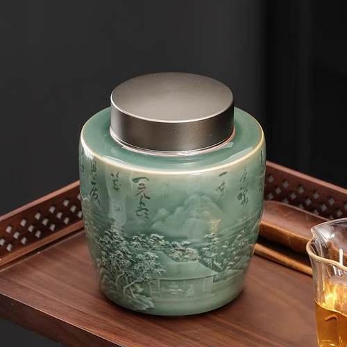 中式复古铝合金盖茶叶罐空罐密封罐存茶罐储存瓷罐家用红茶绿茶罐