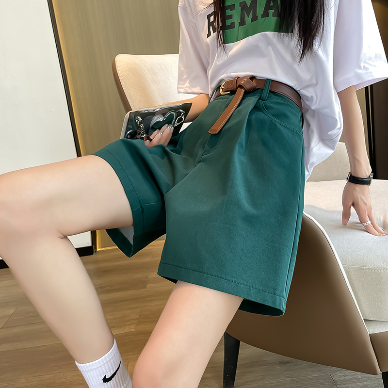 绿色西装短裤女夏季薄款高腰显瘦宽松休闲阔腿韩版