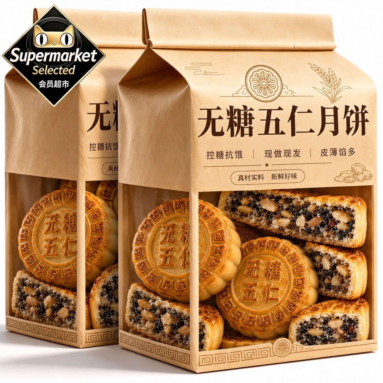 无蔗糖木糖醇五仁月饼全麦糖尿病人老式中秋广式月饼点心零食糕点